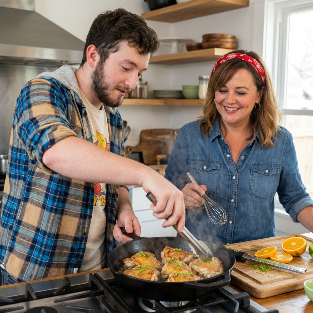 A real photo of chicken pieces sizzling in a skillet with visible lime zest and orange slices nearby on a cutting board