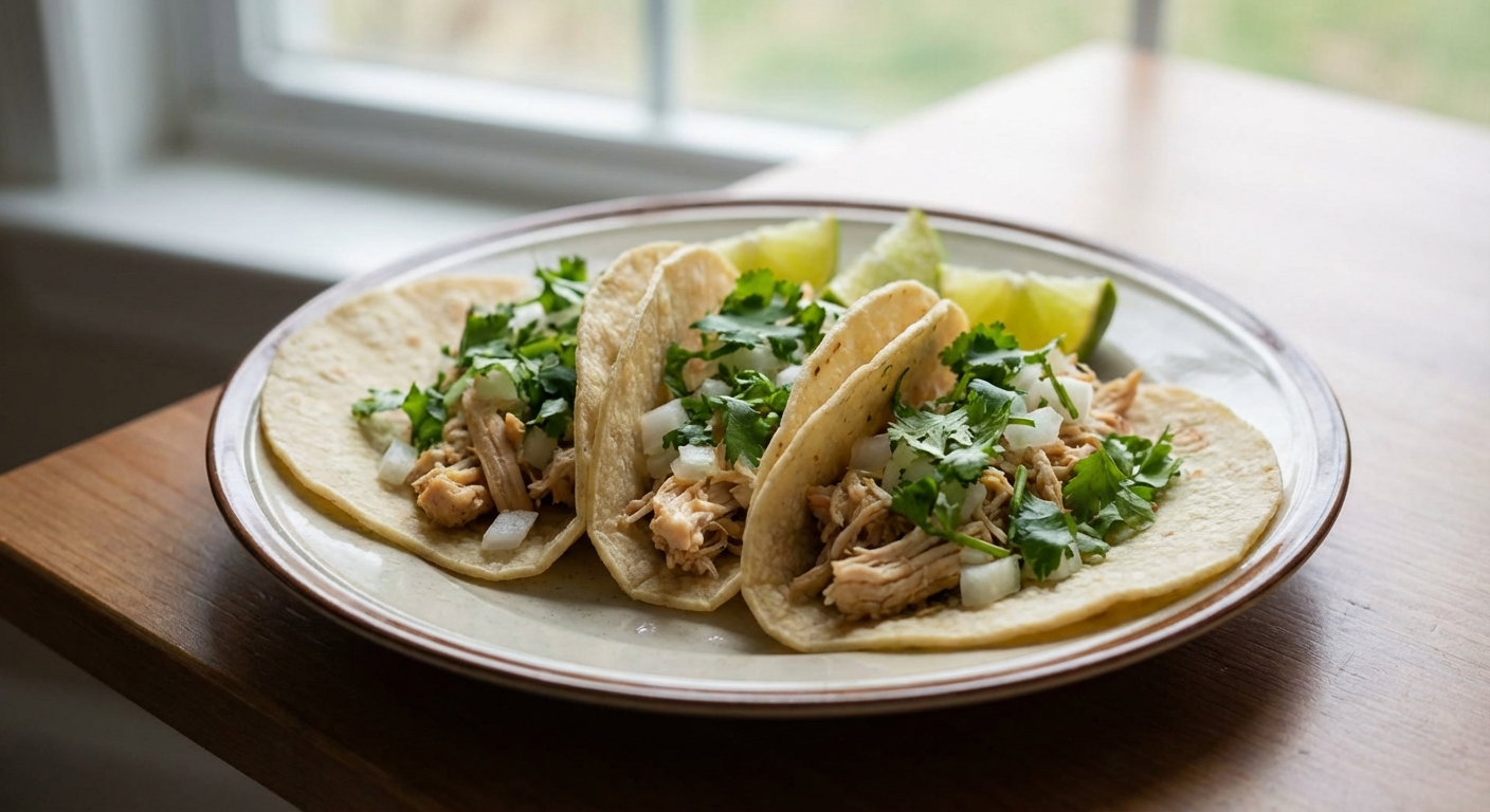 A real photo of chicken tacos on a plate with cilantro and lime wedges in natural light