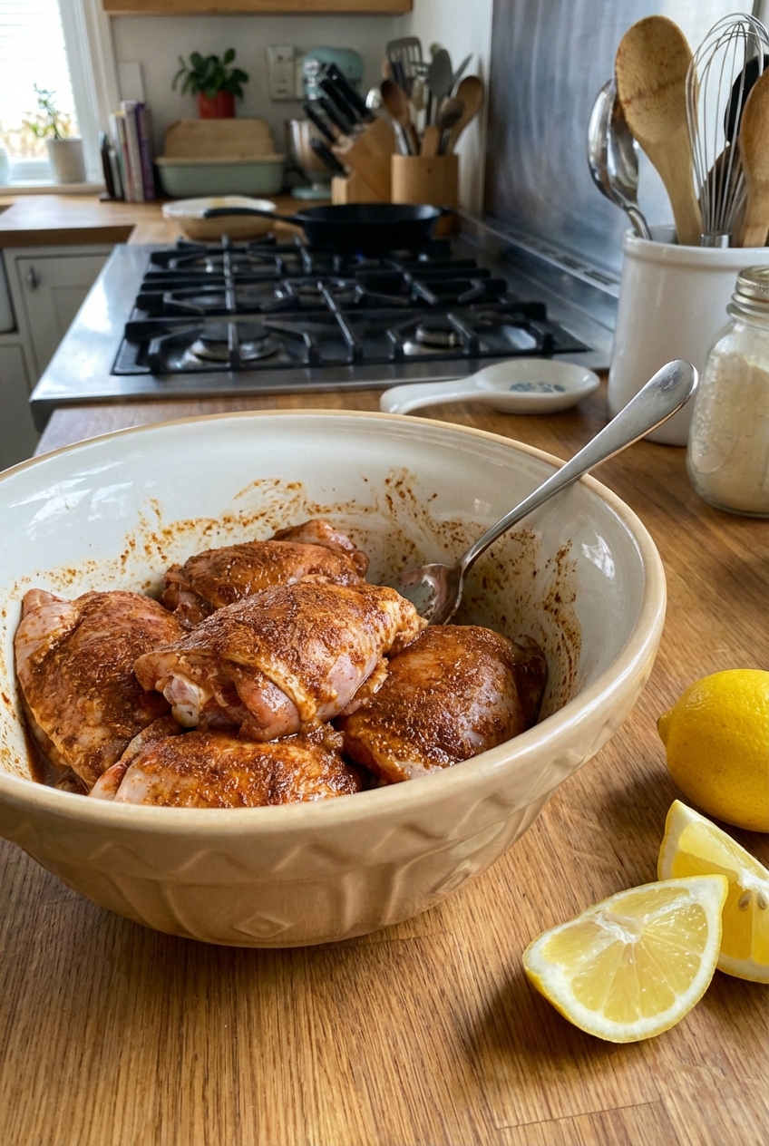 A real photo of chicken thighs coated in shawarma spices in a mixing bowl with a spoon and lemon wedges nearby