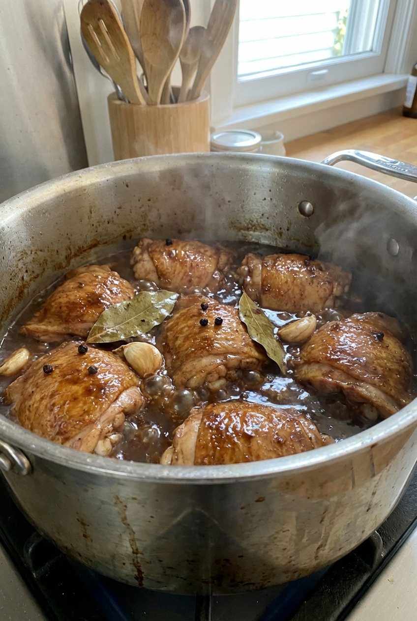 A real photo of chicken thighs simmering in a stainless steel pot with garlic cloves, bay leaves, and peppercorns in a dark adobo sauce