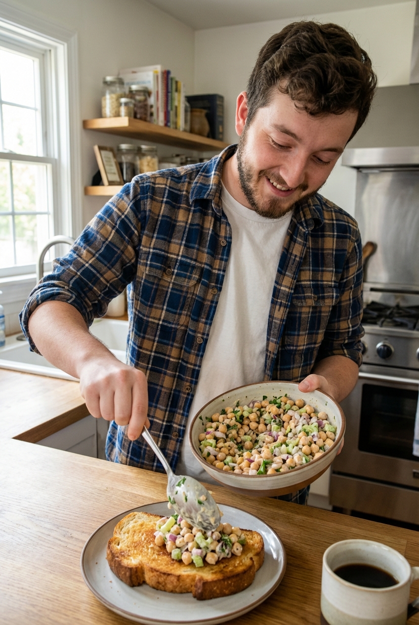 A real photo of chickpea salad being spooned onto toasted bread in a kitchen setting