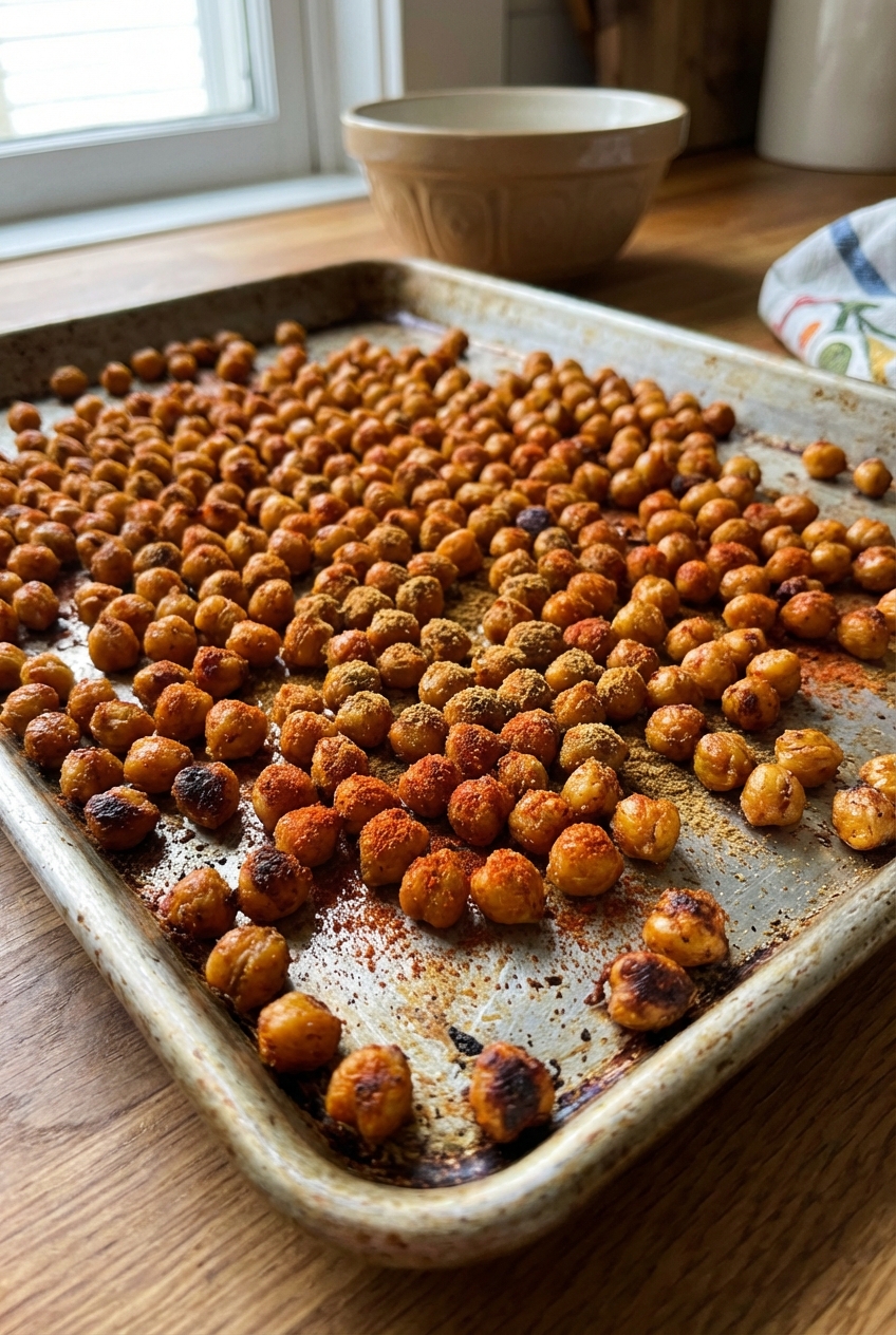 A real photo of chickpeas roasting on a sheet pan with paprika and cumin, edges browned and crisp