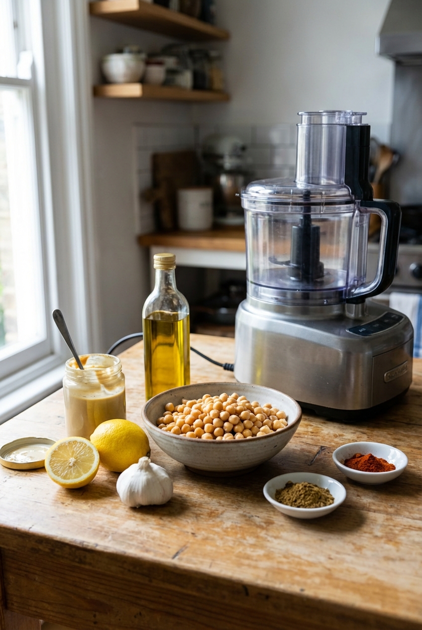 A real photo of chickpeas, tahini, lemons, garlic, olive oil, and spices arranged on a kitchen counter next to a food processor