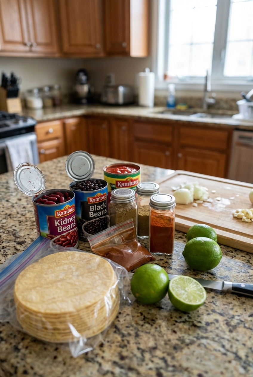 A real photo of chili ingredients on a kitchen counter including canned beans, crushed tomatoes, spices, tortillas, and fresh lime