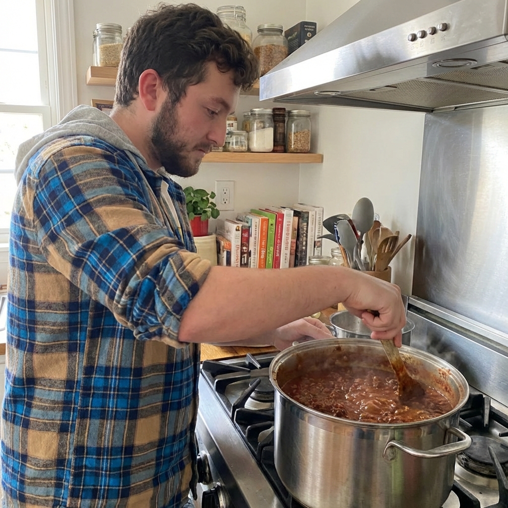 A real photo of chili simmering in a pot on the stove with visible bubbles and a wooden spoon resting inside