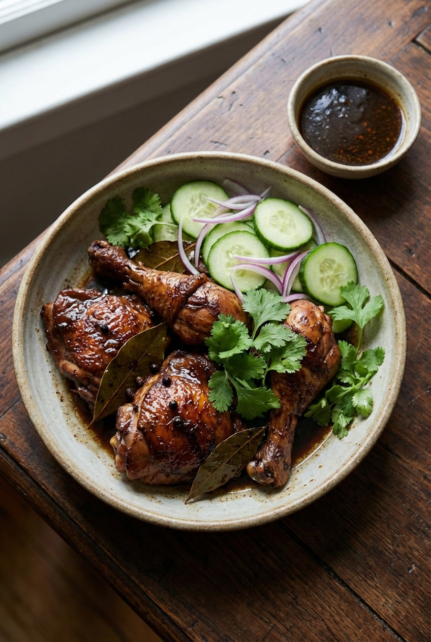 A real photo of chilled Filipino chicken adobo in a shallow bowl with cucumber slices, red onion, and fresh cilantro, with a small bowl of adobo sauce on the side on a wooden table