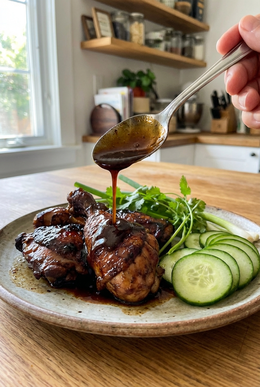 A real photo of chilled chicken adobo being plated with cucumber slices and herbs, with a spoon drizzling dark adobo sauce over the chicken