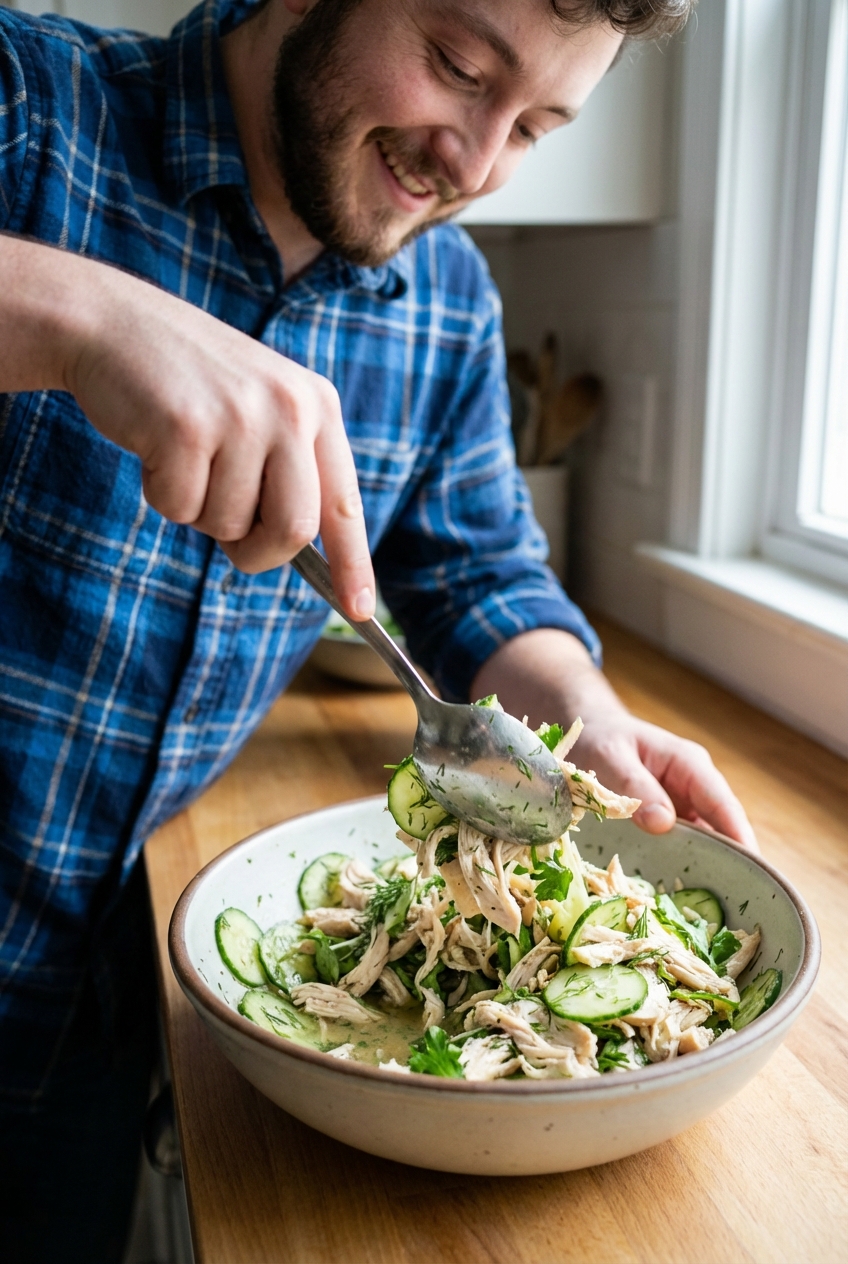 A real photo of chilled pulled chicken in a bowl being tossed with a spoon, with visible cucumber slices and herbs