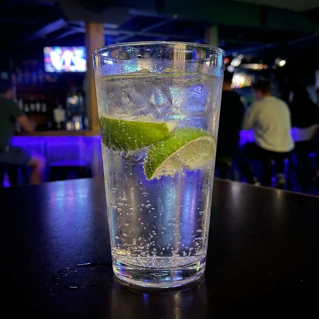 A real photo of chilled sparkling water with lime slices in a clear glass