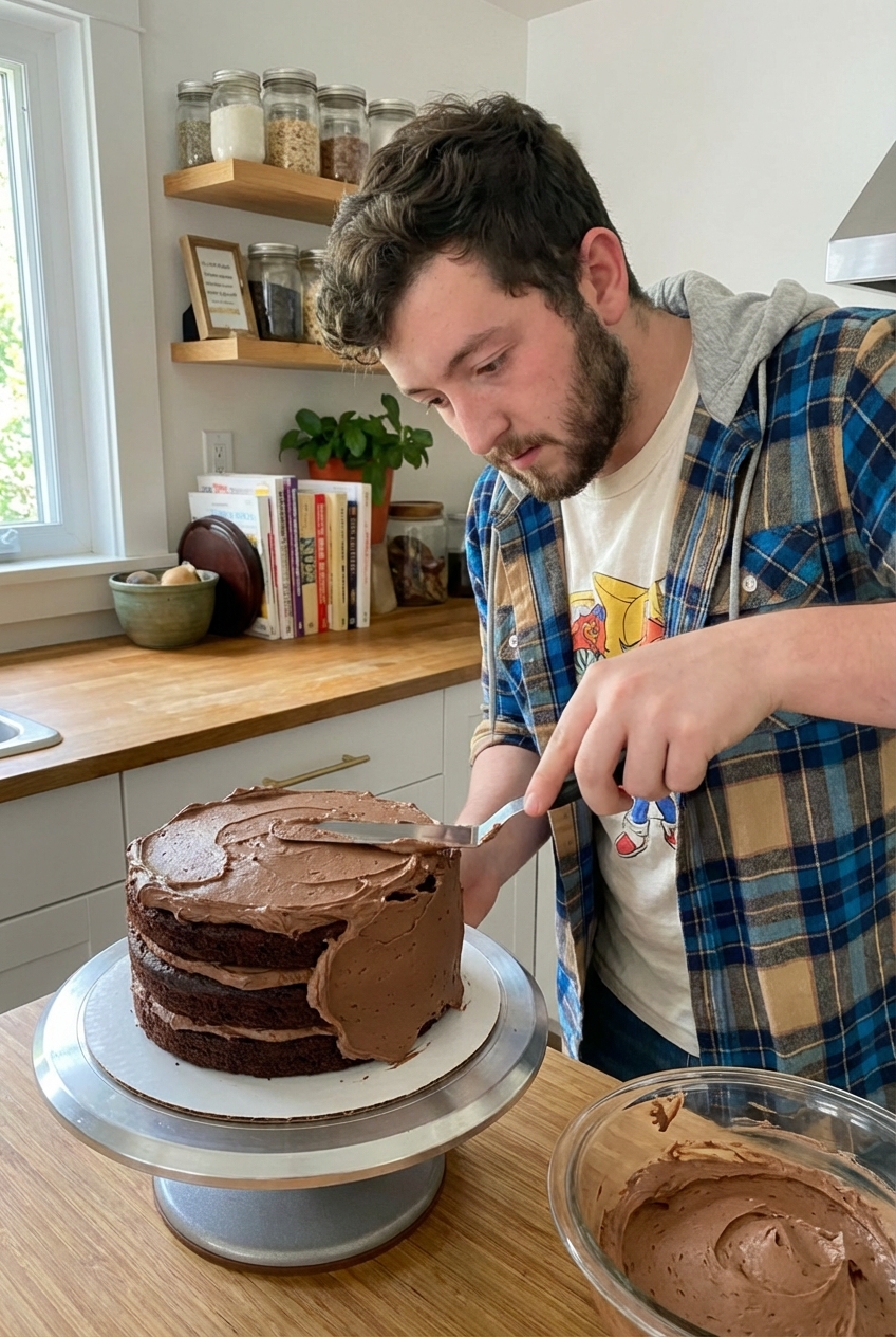 A real photo of chocolate buttercream being spread in a thick layer over a chocolate cake with an offset spatula