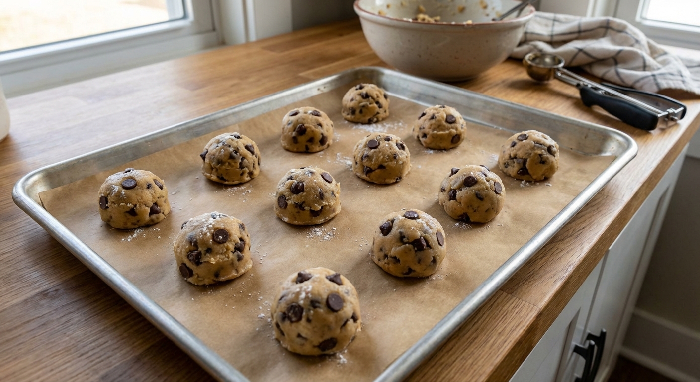 A real photo of chocolate chip cookie dough balls on a parchment-lined baking sheet ready to bake