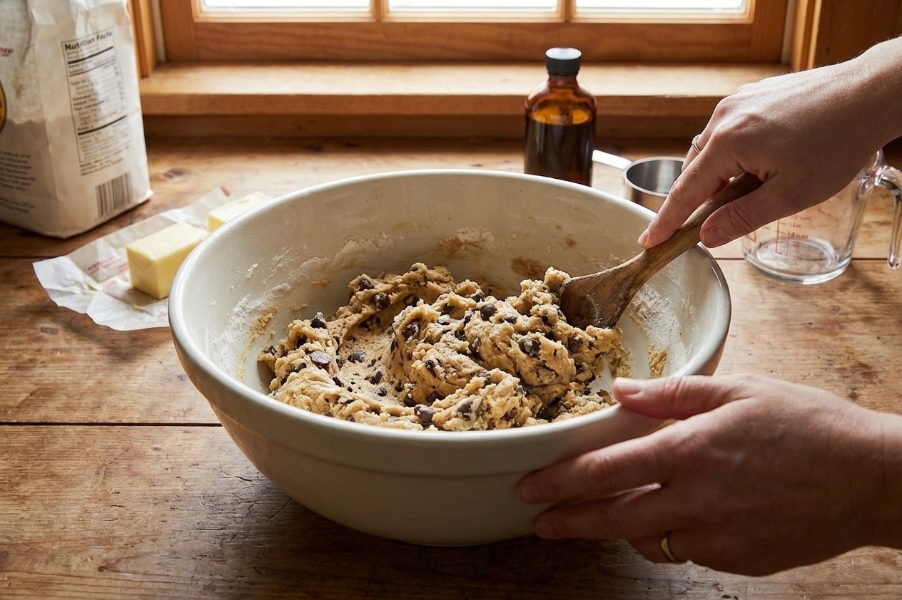 A real photo of chocolate chip cookie dough being mixed in a large bowl with a spatula on a kitchen counter