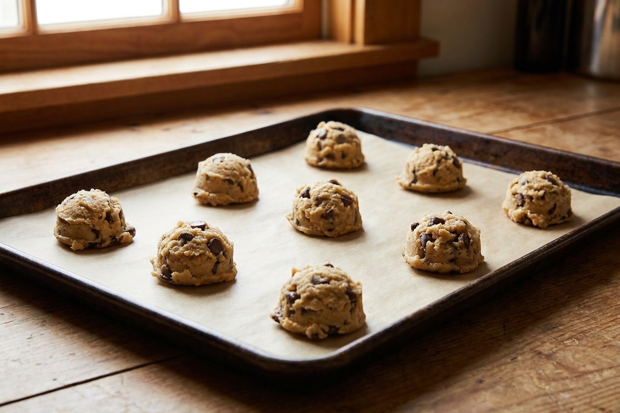 A real photo of chocolate chip cookie dough scoops spaced on a parchment-lined baking sheet ready to go into the oven