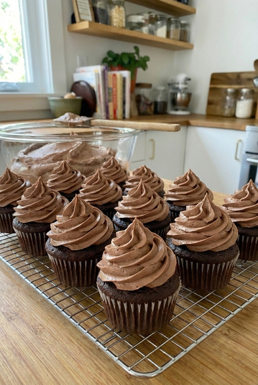 A real photo of chocolate cupcakes topped with tall chocolate buttercream swirls
