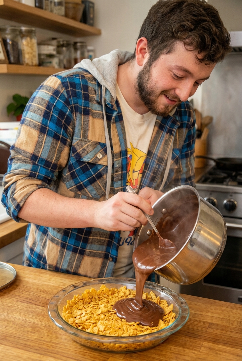 A real photo of chocolate filling being poured from a saucepan into a pie dish over crushed corn chips