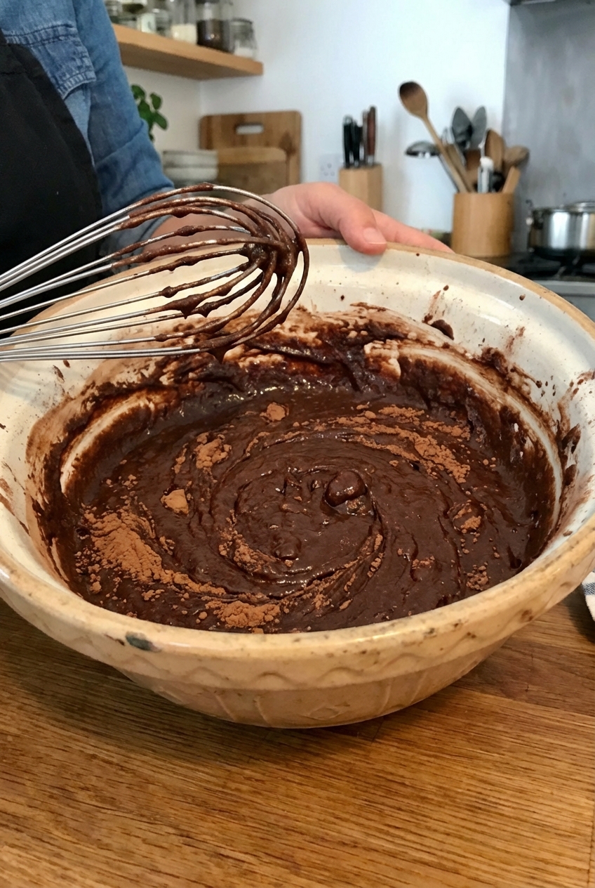 A real photo of chocolate muffin batter in a large mixing bowl with a whisk resting on the rim, cocoa streaks visible in the batter