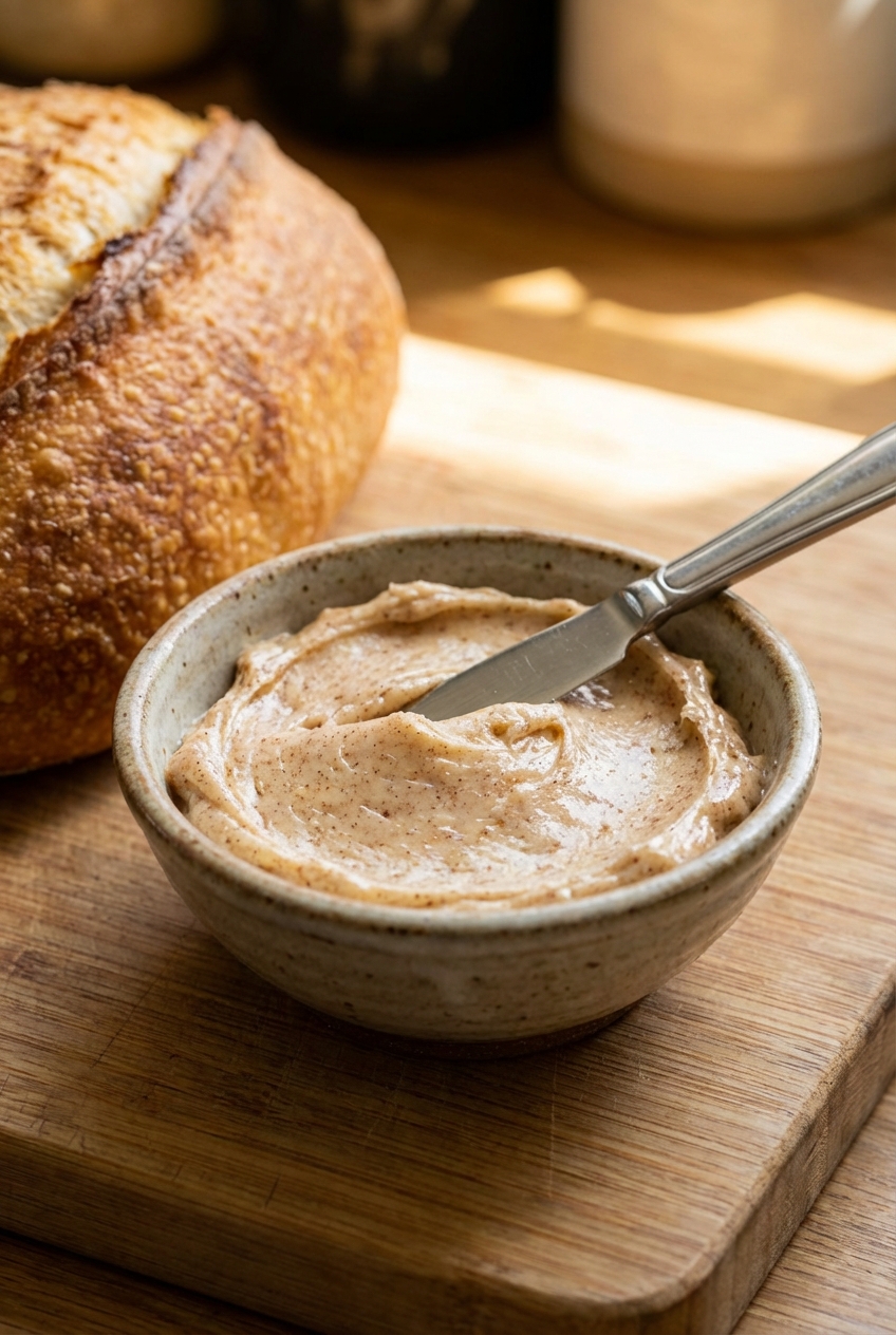 A real photo of cinnamon honey butter in a small bowl with a butter knife