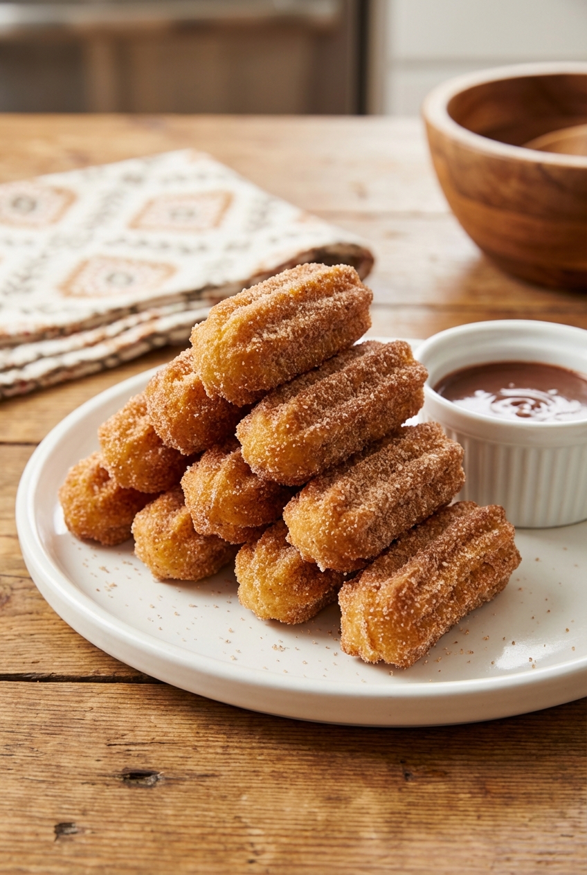 A real photo of cinnamon sugar churro bites stacked on a plate