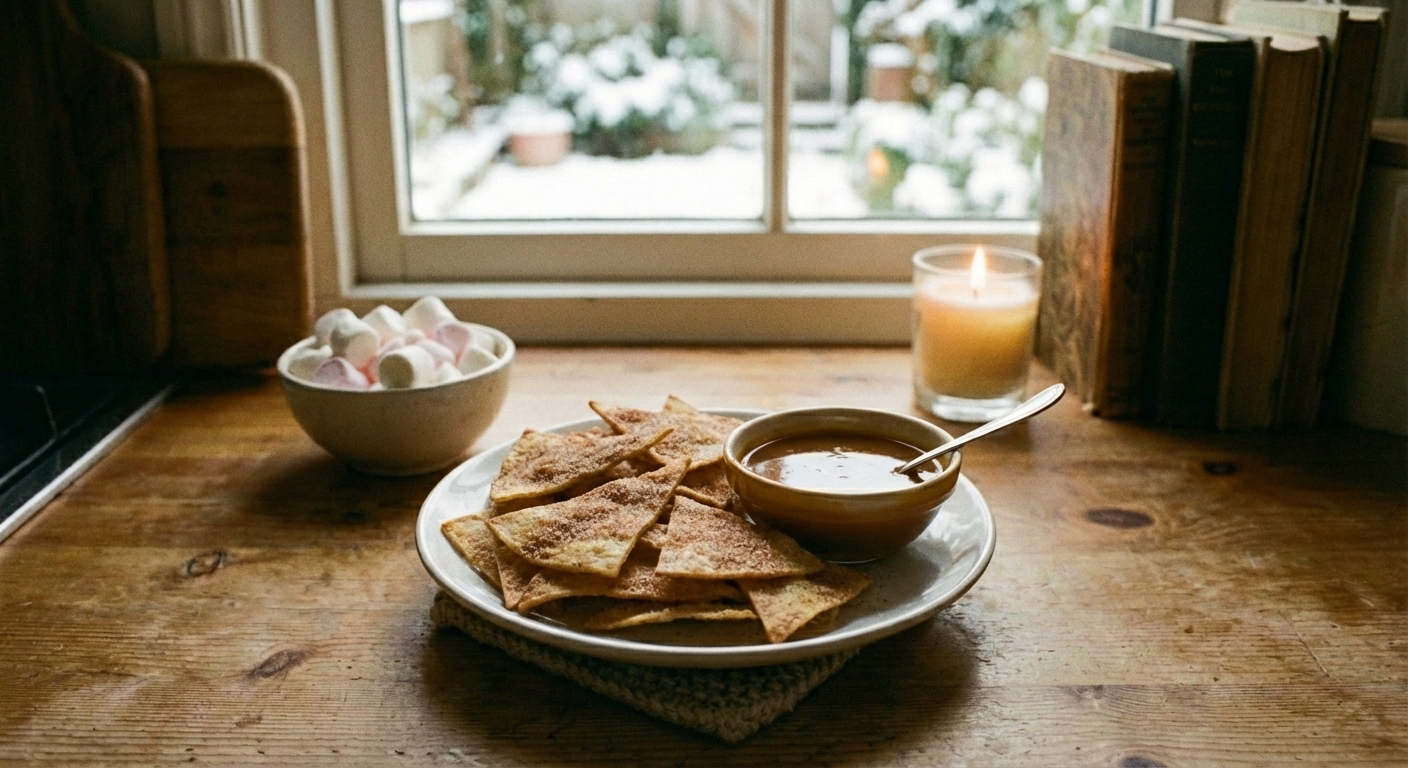 A real photo of cinnamon sugar tortilla chips on a plate with a small bowl of caramel sauce