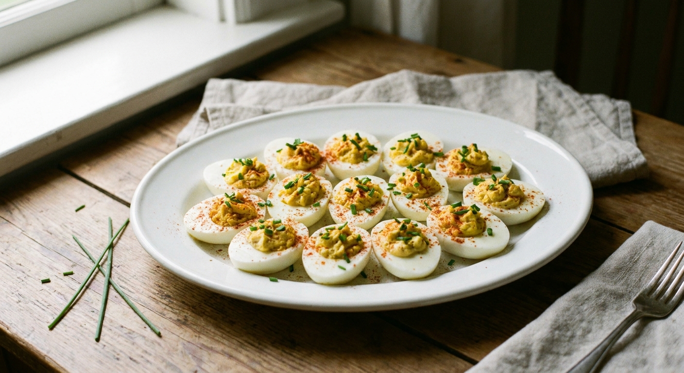 A real photo of classic deviled eggs on a white platter with a light sprinkle of paprika and chopped chives, soft natural kitchen light