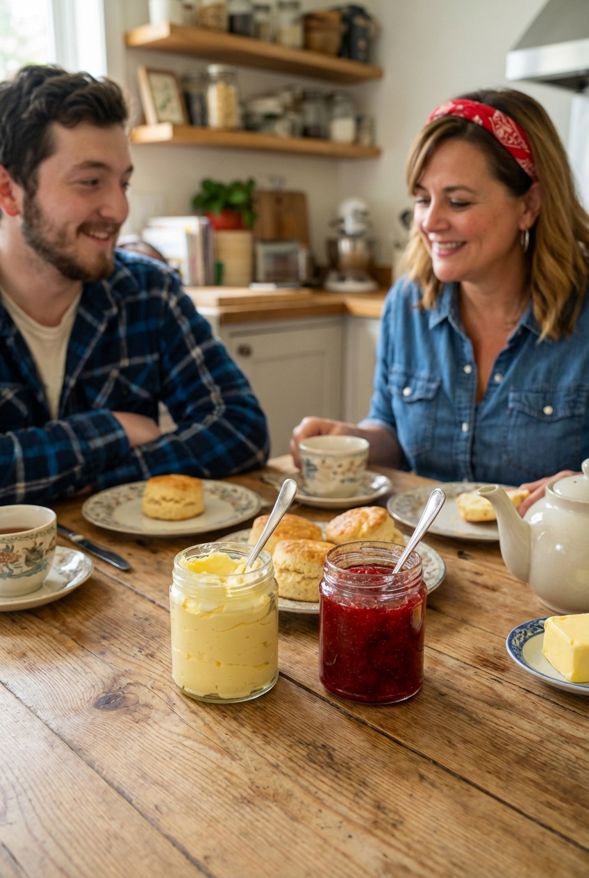 A real photo of clotted cream and strawberry jam in small jars on a breakfast table