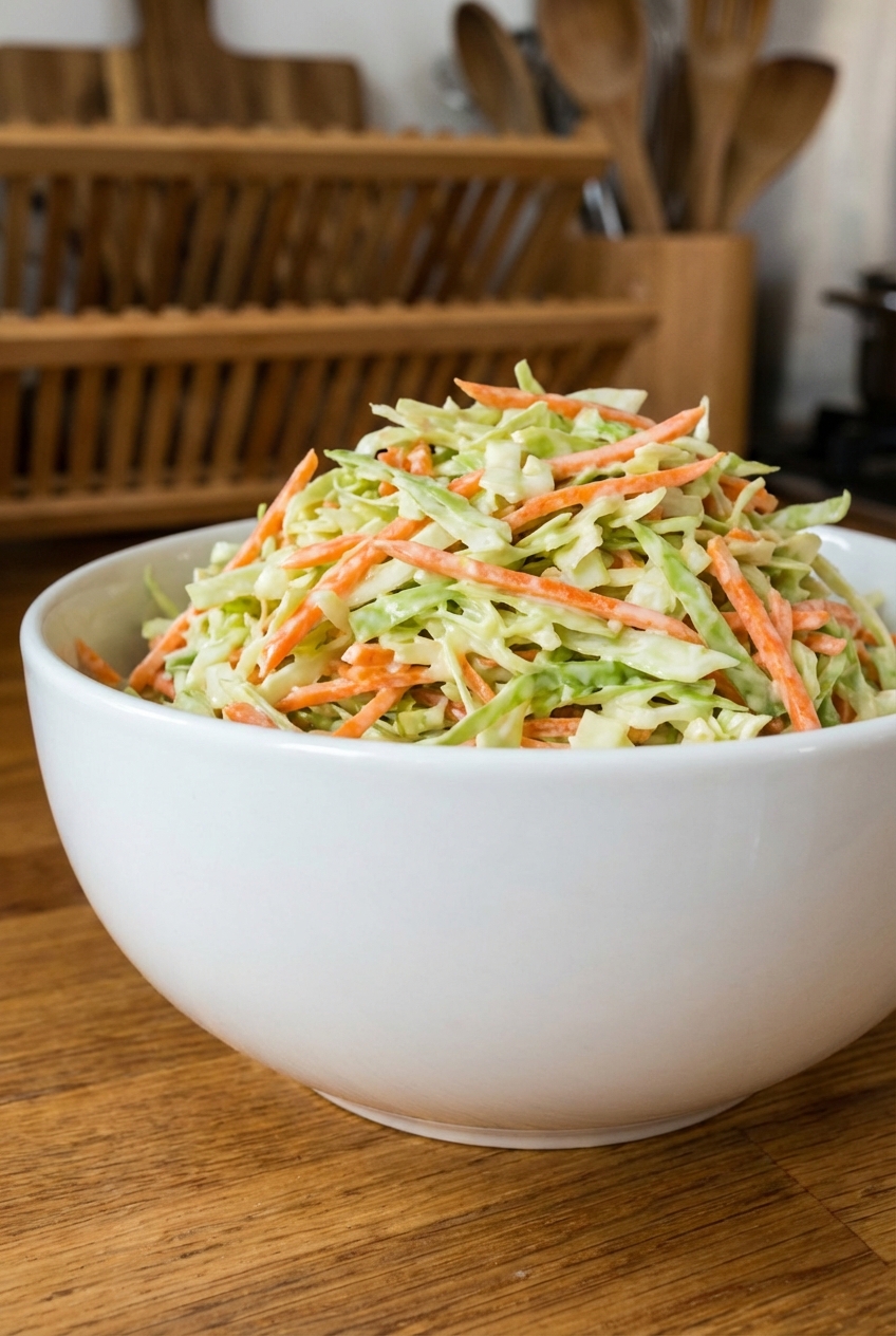 A real photo of coleslaw in a white bowl with shredded cabbage and carrots