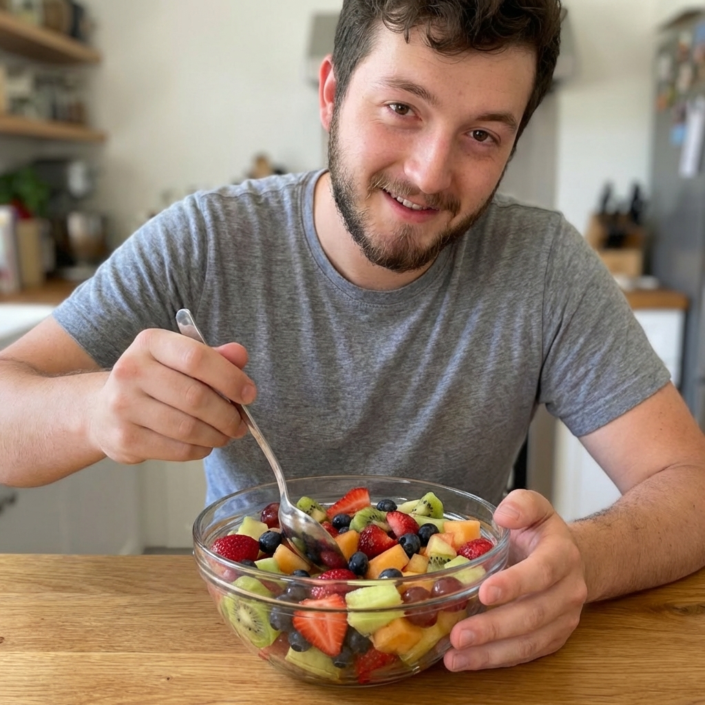 A real photo of colorful fruit salad in a bowl with a spoon