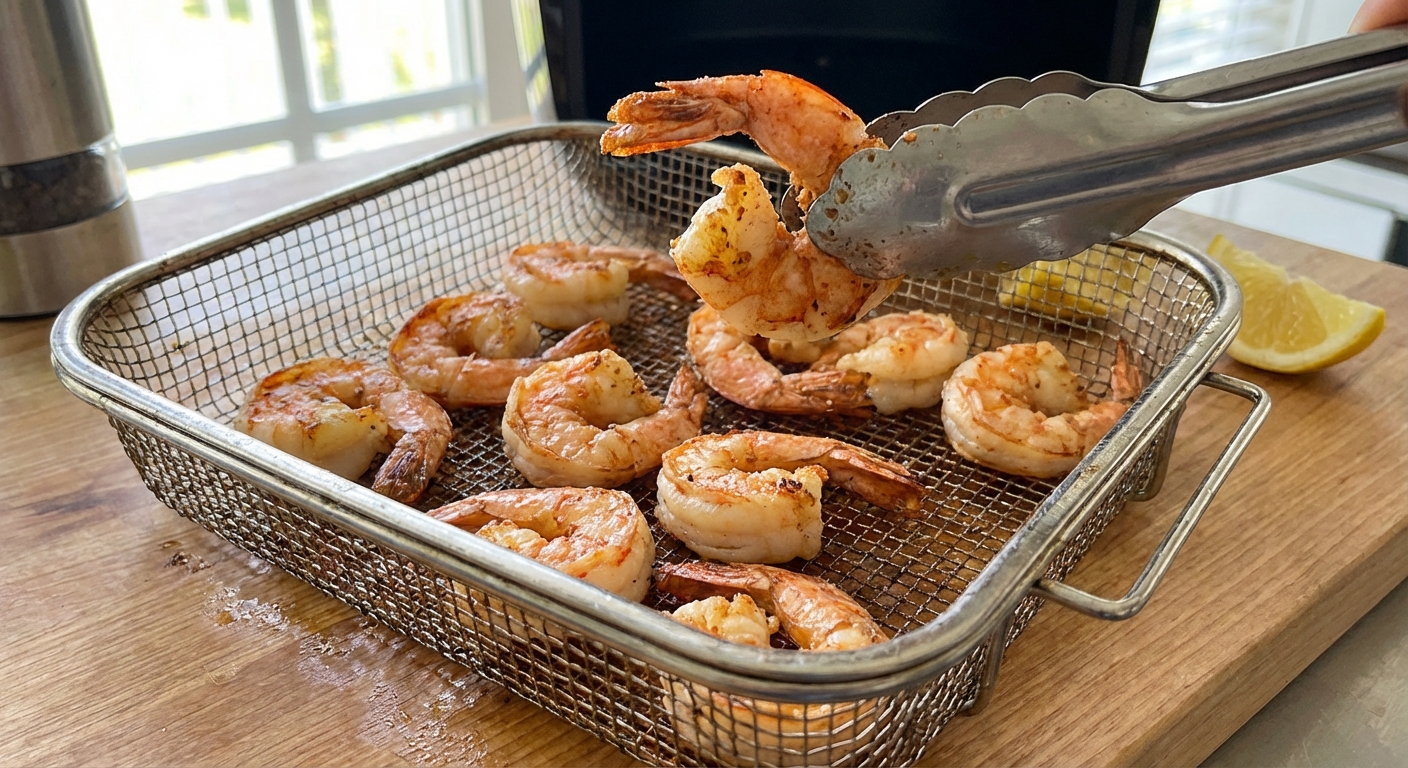 A real photo of cooked air fryer shrimp in the basket with lightly browned edges, with tongs lifting one shrimp