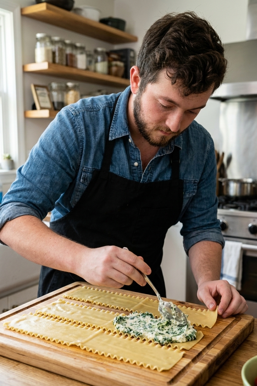 A real photo of cooked lasagna noodles laid flat on a wooden cutting board with a spoonful of ricotta spinach filling being spread on each noodle, kitchen prep scene