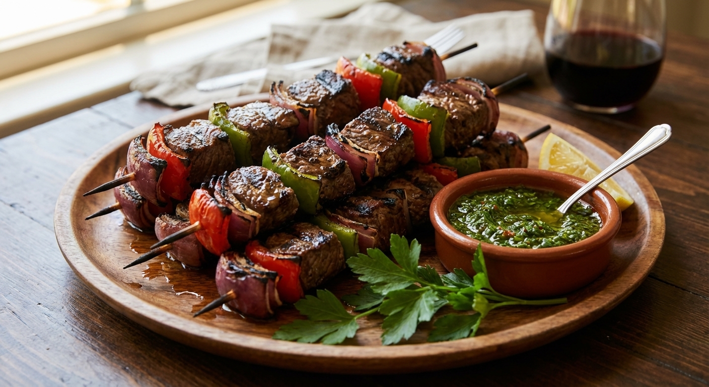 A real photo of cooked steak kabobs with charred peppers and onions resting on a platter with a small bowl of green chimichurri sauce on the side