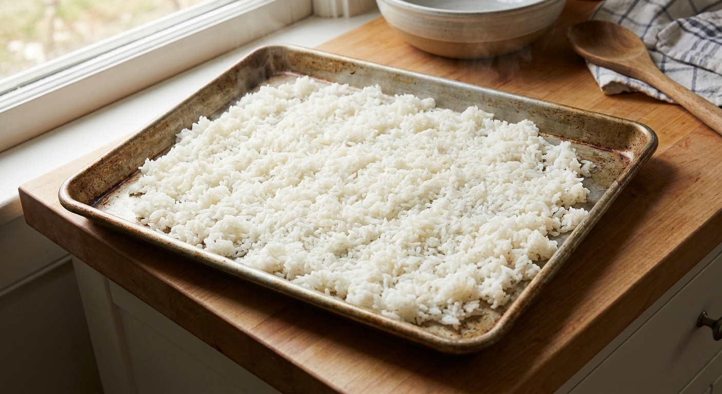 A real photo of cooked white rice spread in a thin layer on a sheet pan on a kitchen counter to cool and dry