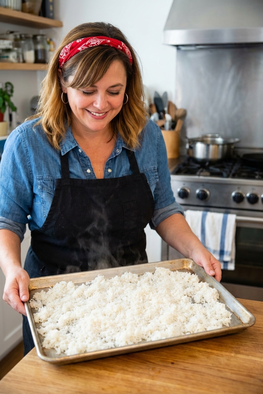 A real photo of cooked white rice spread out on a baking sheet to cool and dry