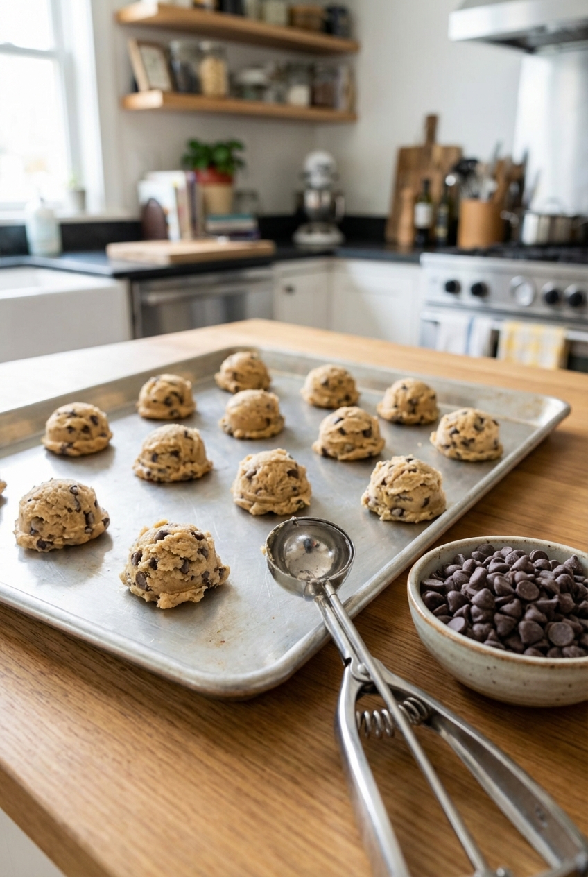 A real photo of cookie dough scoops on a baking sheet ready to bake with a metal cookie scoop and a small bowl of chocolate chips nearby