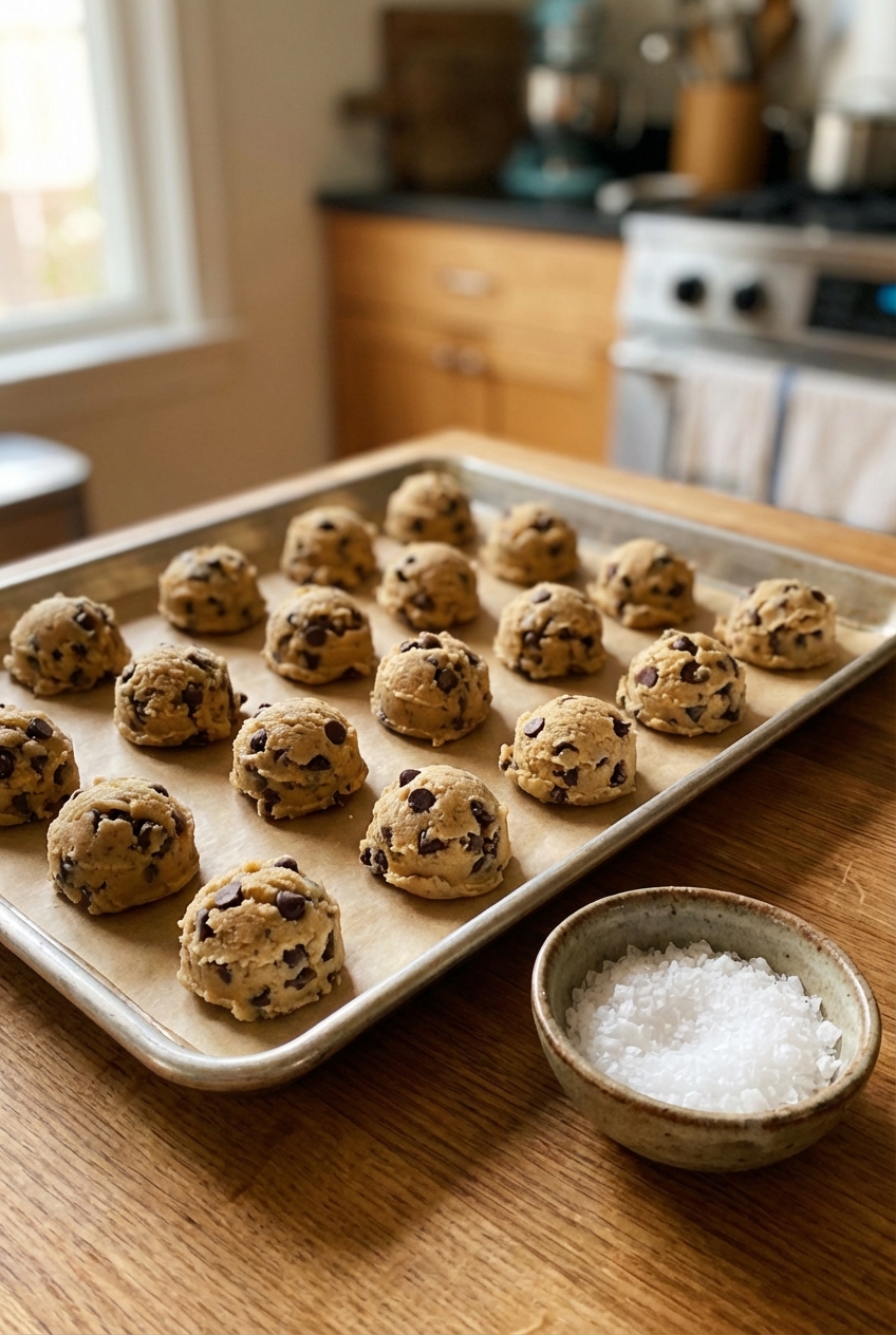 A real photo of cookie dough scoops on a parchment-lined sheet pan with visible chocolate chips and a small bowl of flaky salt nearby