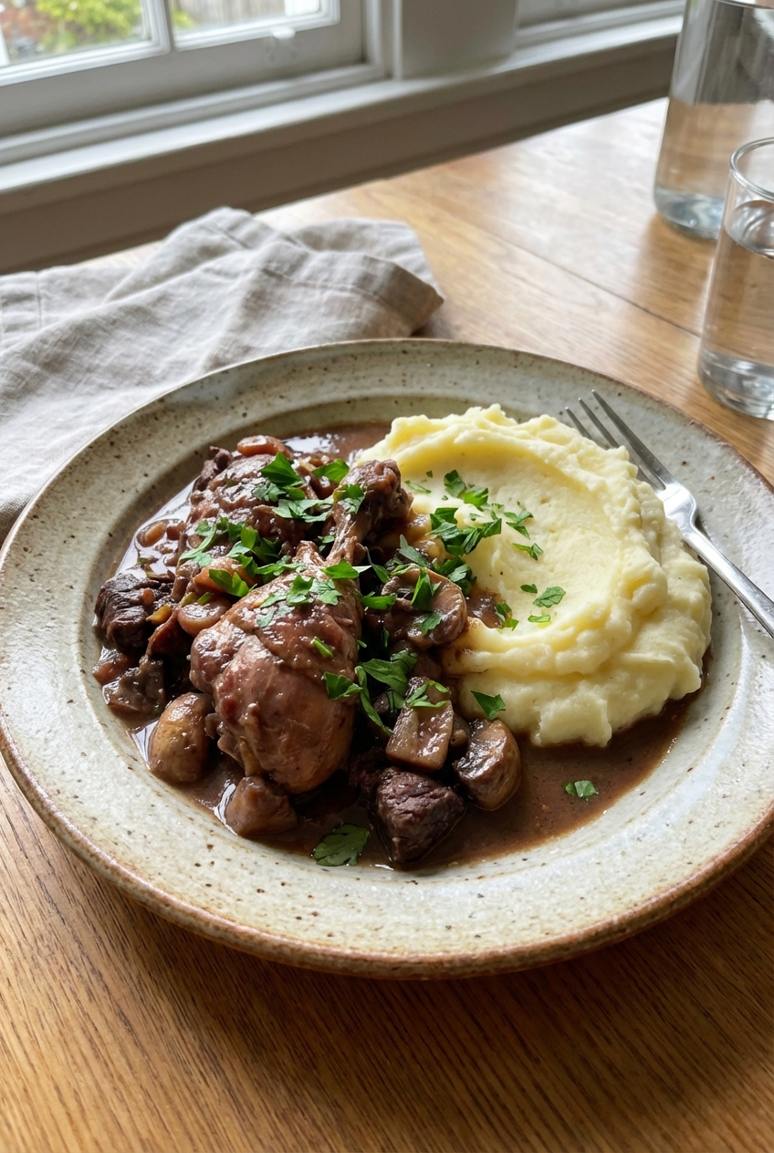 A real photo of coq au vin plated with mashed potatoes and parsley on a ceramic plate