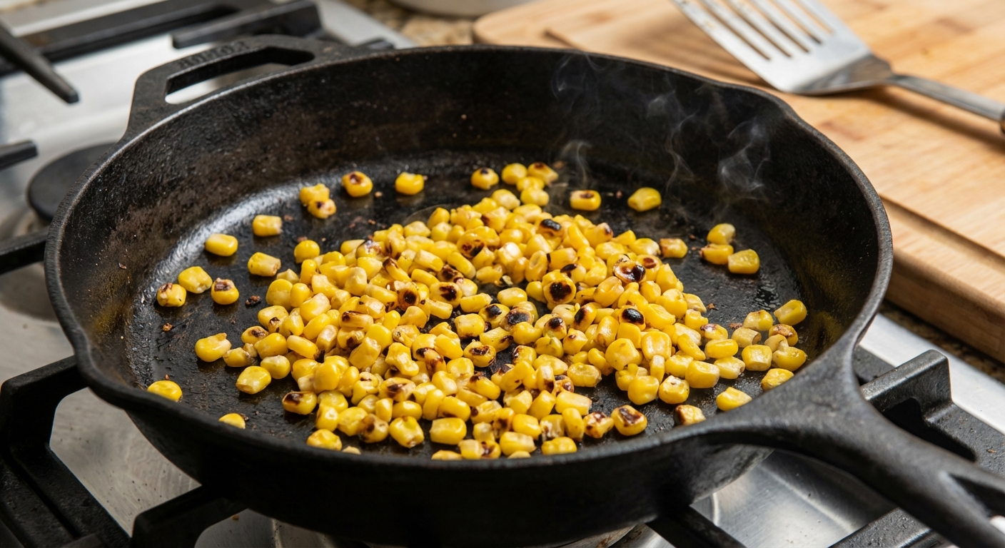 A real photo of corn kernels charring in a cast iron skillet with visible browned spots