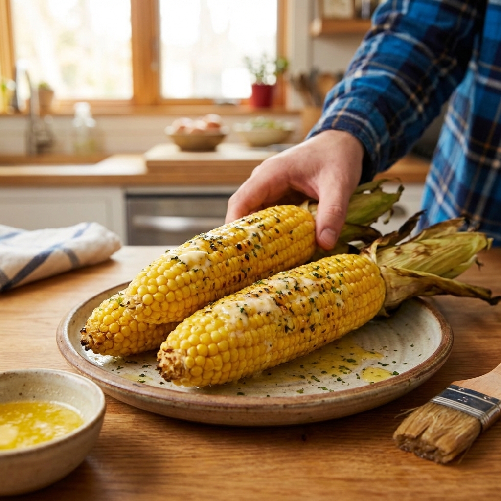A real photo of corn on the cob brushed with butter on a plate