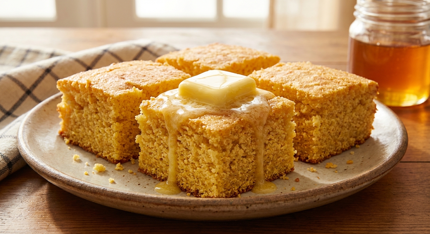 A real photo of cornbread squares on a plate with a pat of butter melting