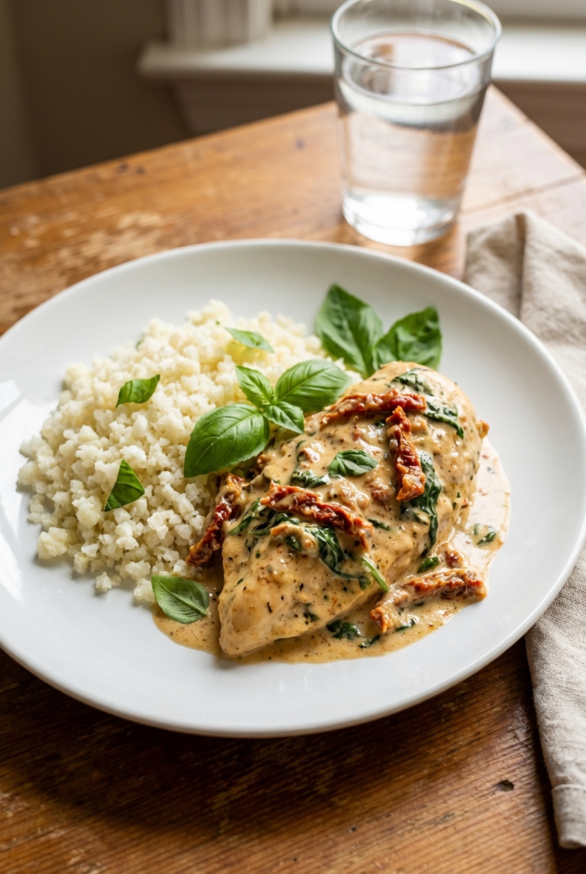 A real photo of creamy Tuscan chicken plated with cauliflower rice and basil