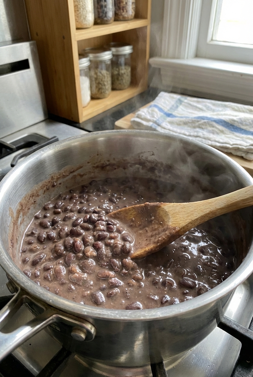 A real photo of creamy black beans in a small saucepan