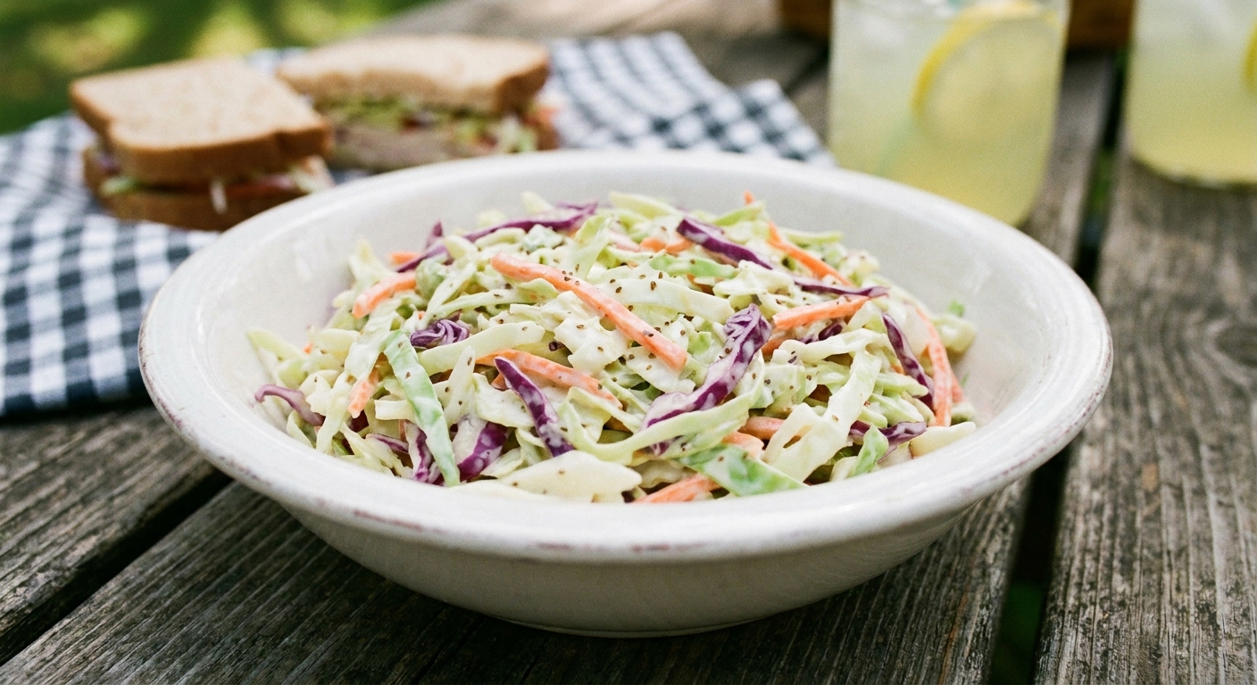 A real photo of creamy classic coleslaw in a white ceramic bowl on a picnic table, with shredded cabbage and carrots visible and soft natural daylight