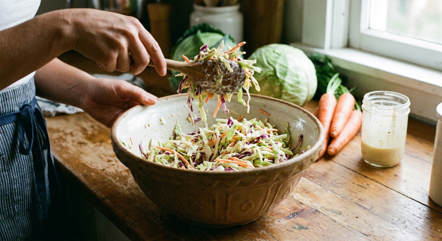 A real photo of creamy coleslaw being tossed in a large bowl with a wooden spoon, with cabbage and carrots visible