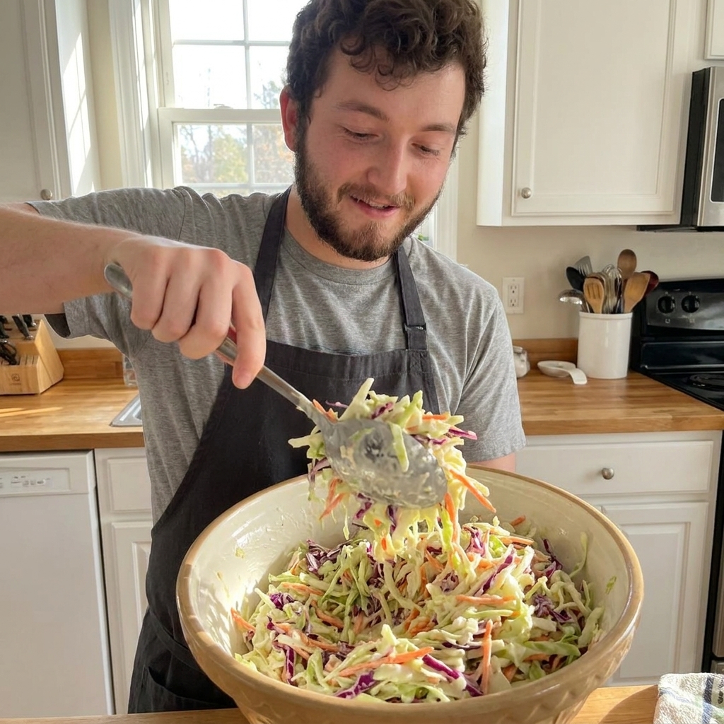 A real photo of creamy coleslaw being tossed with a spoon in a large mixing bowl, with visible shredded cabbage and carrots in a bright home kitchen