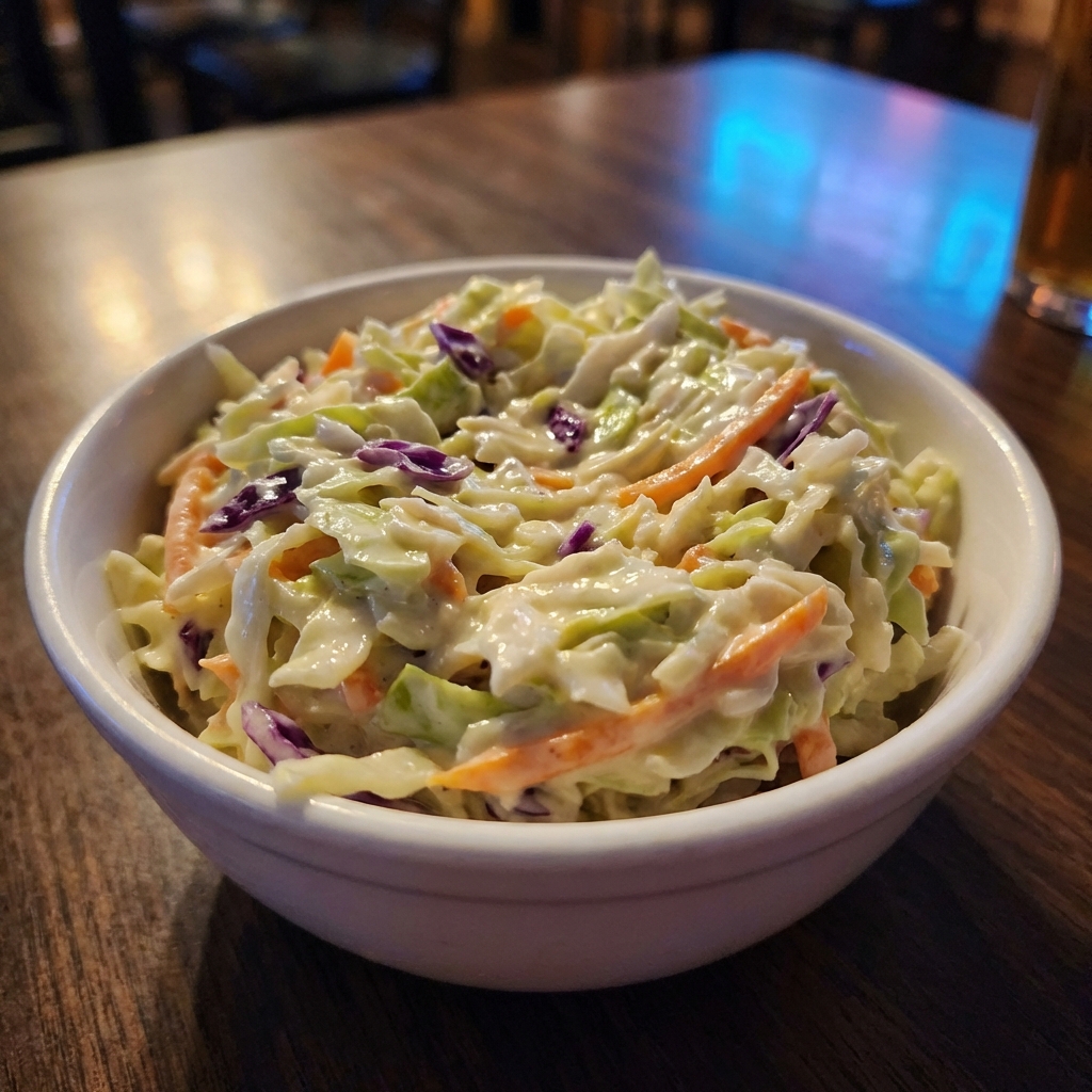 A real photo of creamy coleslaw in a white bowl with shredded cabbage and carrots