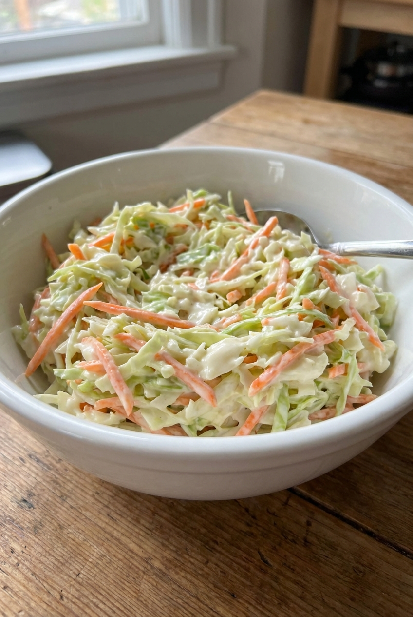 A real photo of creamy coleslaw in a white bowl with shredded cabbage and carrots