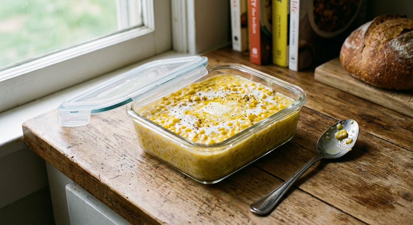 A real photo of creamy corn in a lidded storage container on a kitchen counter with a spoon nearby