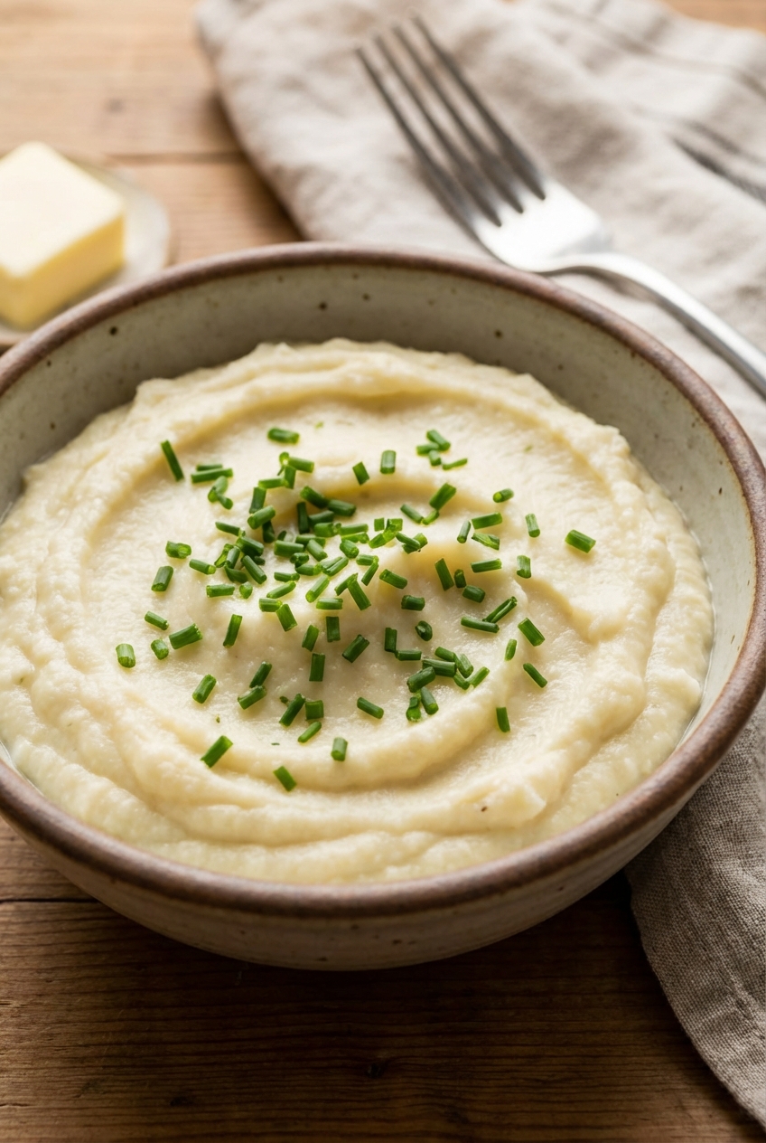 A real photo of creamy mashed cauliflower in a bowl with chives