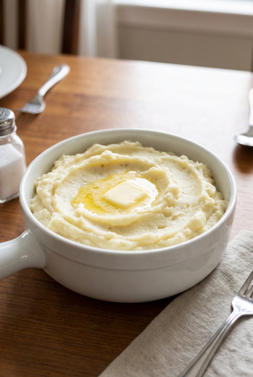 A real photo of creamy mashed potatoes with butter melting on top in a white bowl on a dinner table