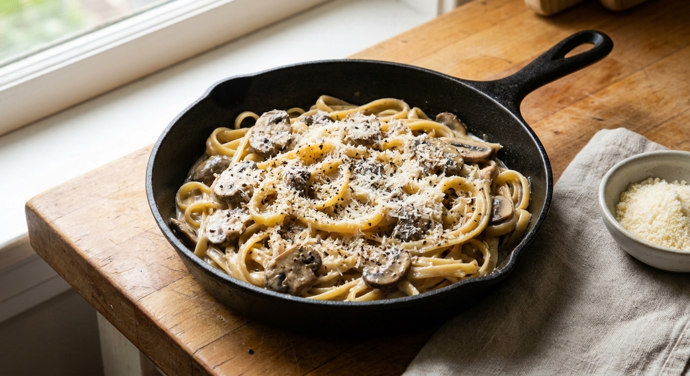 A real photo of creamy mushroom pasta in a skillet topped with grated Parmesan and cracked black pepper on a wooden counter