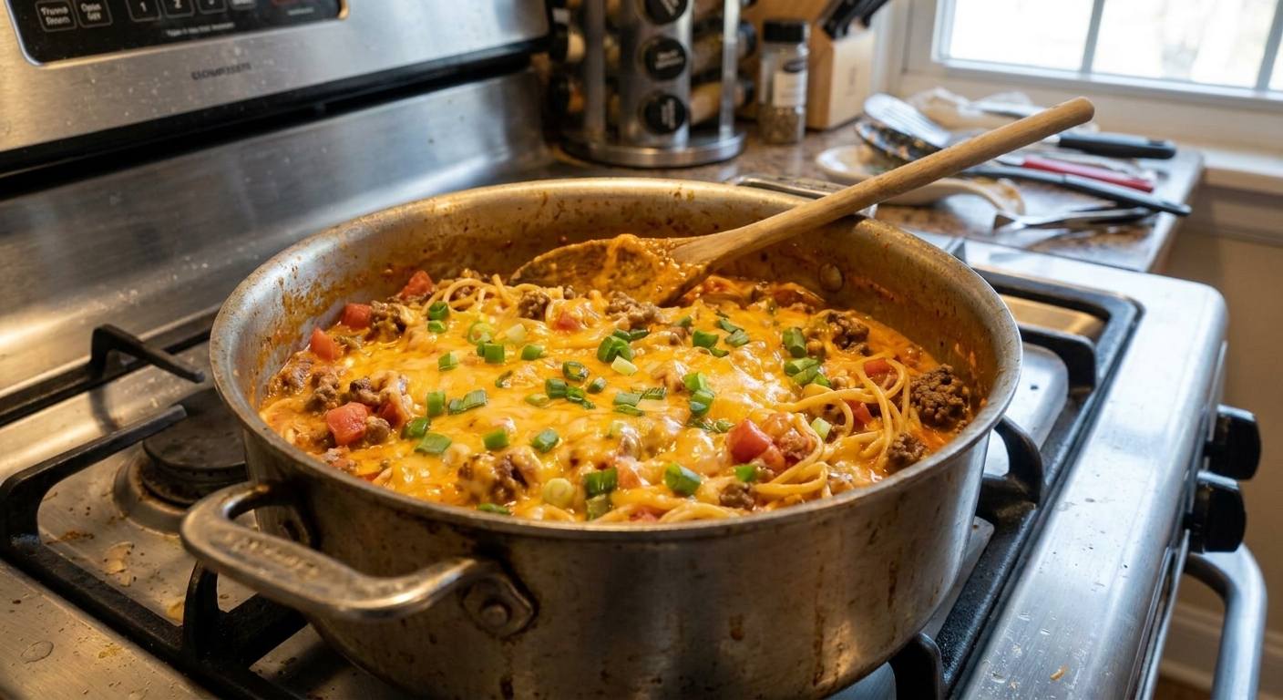 A real photo of creamy one-pot taco spaghetti in a large pot, with melted cheddar on top and visible diced tomatoes and browned ground beef, with a wooden spoon resting in the pot on a home kitchen stove